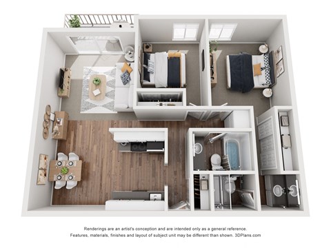 Floor plan for 2 beds, 2 baths, 980 sqft